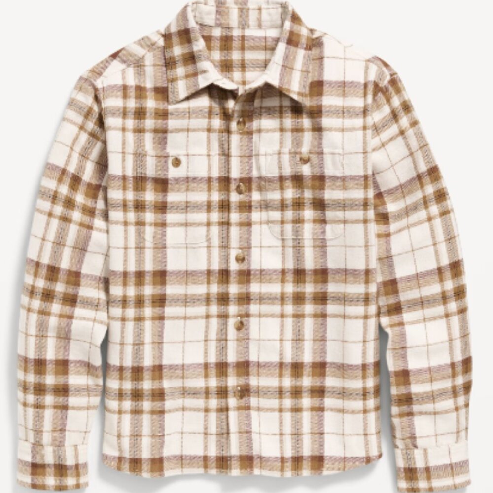 NWT Old Navy Boys Kids Brown & White Flannel Plaid Button Down Long-Sleeve Shirt - Picture 2 of 2